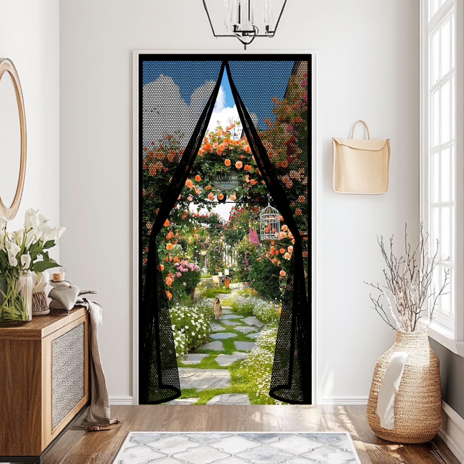 Fly Screens Doors 120 x 265 cm Powerful Magnets and Full Frame Magic Tape Nets Patio Curtain Insect Mesh Hands Free No Drill Installation for Patio Bedroom Sliding Kitchen, Black