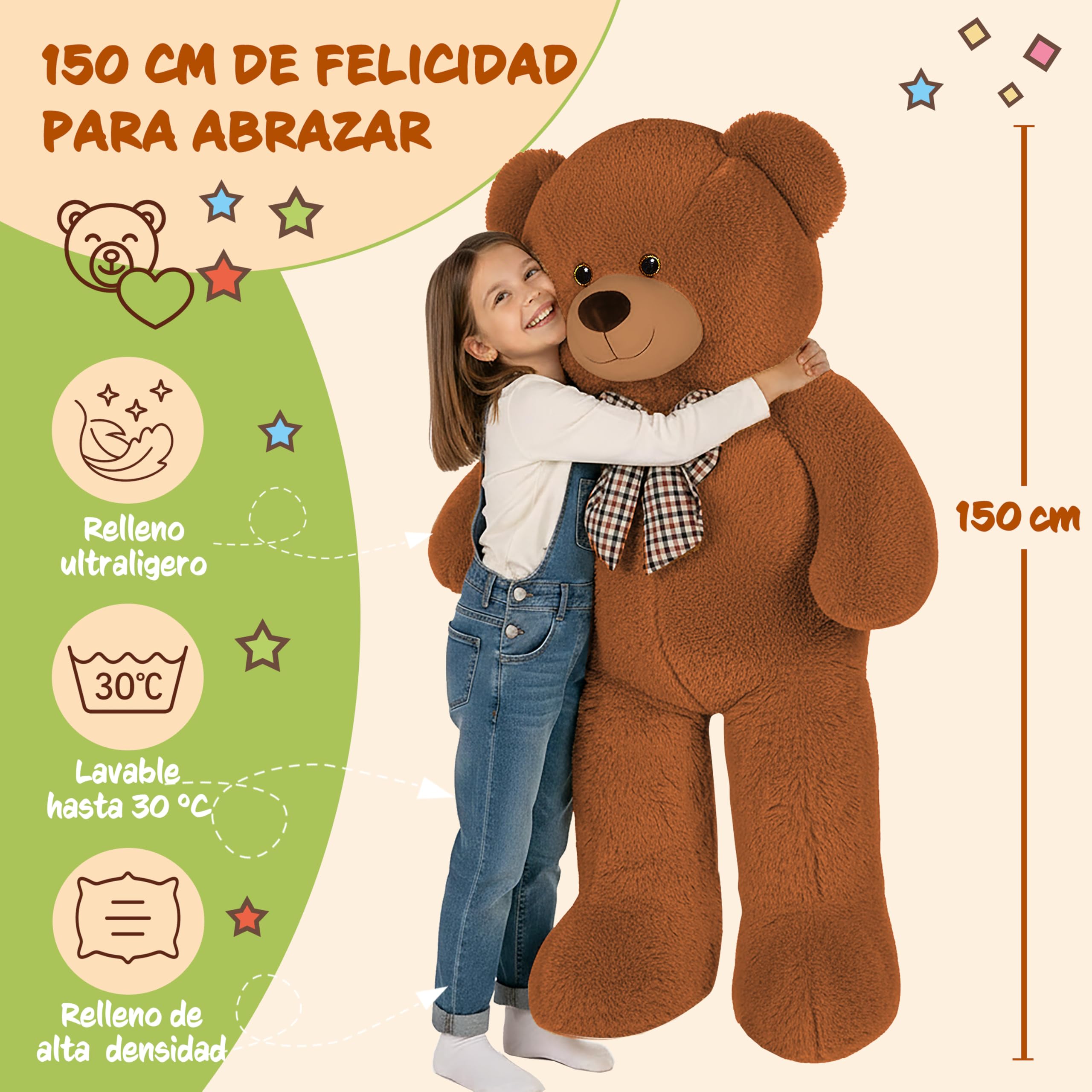 Monzana® Oso de Peluche Grande con Lazo 150cm Osito Teddy Bear Marrón Juguete Niños Regalo Enamorados