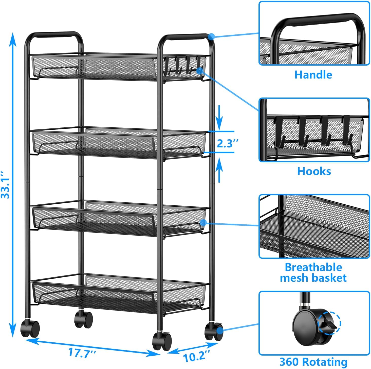 OVICAR 4 Tier Mesh Wire Rolling Cart, Kitchen Storage Organizer Utility Cart, Full Metal Basket Storage Art Trolley Carts with Wheels & 4 Side Hooks