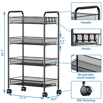 Rolling Cart Storage Trolley - 4 Tier Kitchen Storage Organizer Utility Cart Full Metal Basket Storage Art Trolley Carts with Wheels & 4 Side Hooks (Black)