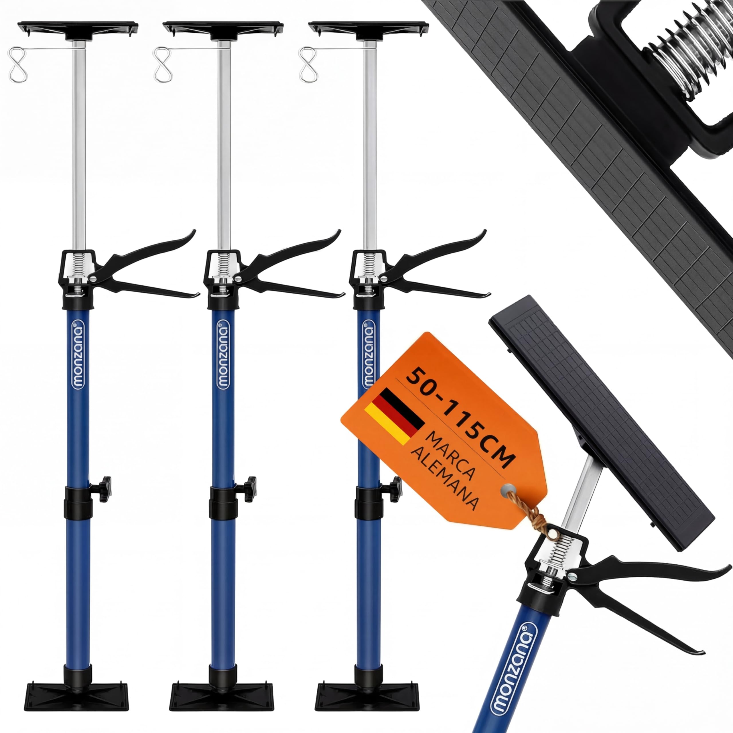 DEUBA® Set 3x Puntales Telescópicos Extensibles Obra Tensores Puerta Ajustables 50-115cm Puntal Tensor Poste Acero Placas Presión Goma Antideslizante Instalación Techo Paneles Pladur Carga 30kg