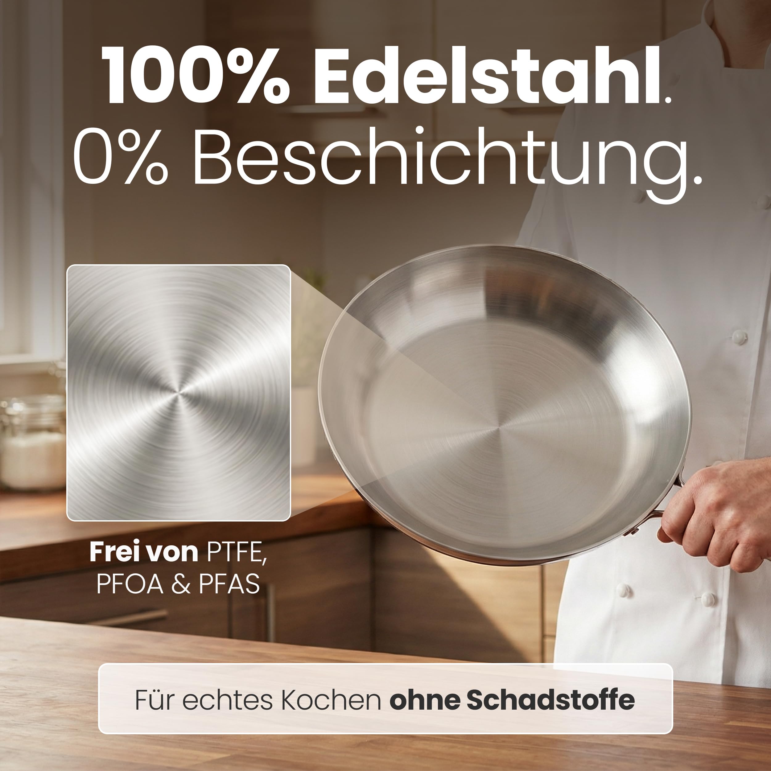 Edelstahlpfanne Unbeschichtet - Induktion - Profi Bratpfanne 24cm - Perfekt als Steakpfanne & Pastapfanne ohne Beschichtung - Brat- Universalpfanne frei von PFOA, PTFE & PFAS - Ofenfest