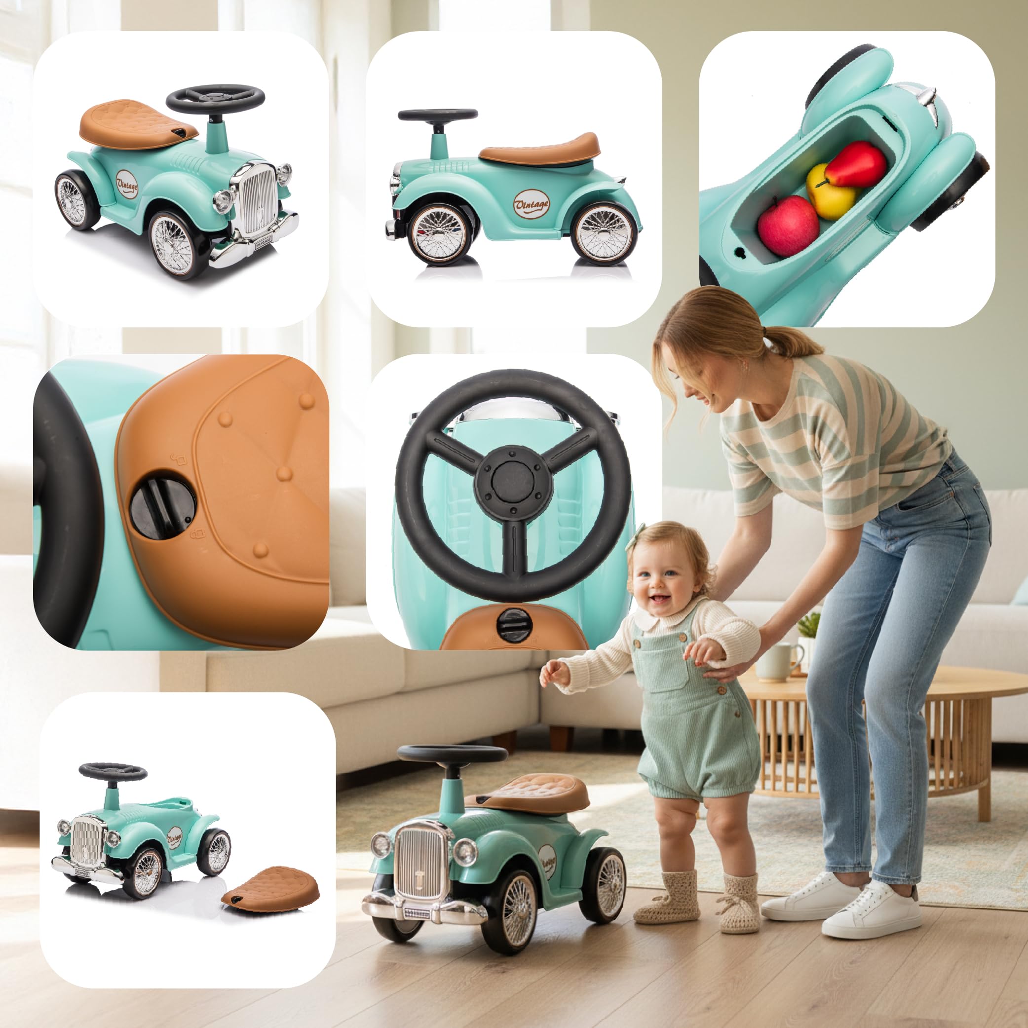 Macchinina bambino 1 anno Retro Classic, macchinina cavalcabile bambino, auto per bambini, aiuto per imparare a camminare con suoni, Volante con clacson (Turchese)