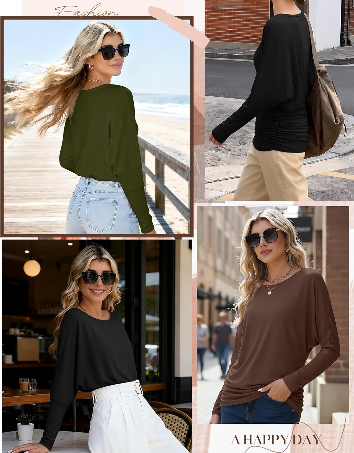 3 Pack Women's Dolman Sleeve Tops Casual Long Sleeve Flowy Side Ruched Shirts Round Neck Bat Wing Draped Basic Tee - Image 5
