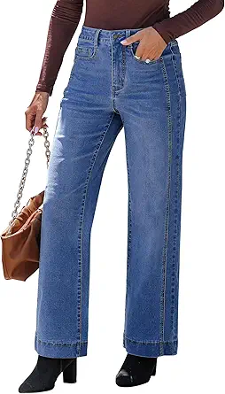 luvamia Wide Leg Jeans for Women Trendy High Waisted Double Side Seams Stretchy Denim Pants Trouser Jeans with Pockets