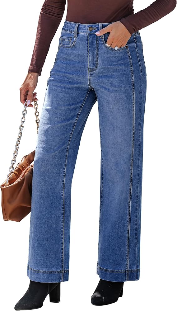 luvamia Wide Leg Jeans for Women Trendy High Waisted Double Side Seams Stretchy Denim Pants Trouser Jeans with Pockets