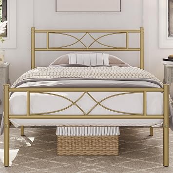Yaheetech Twin Size Metal Bed Frame with Curved Headboard, Antique Gold
