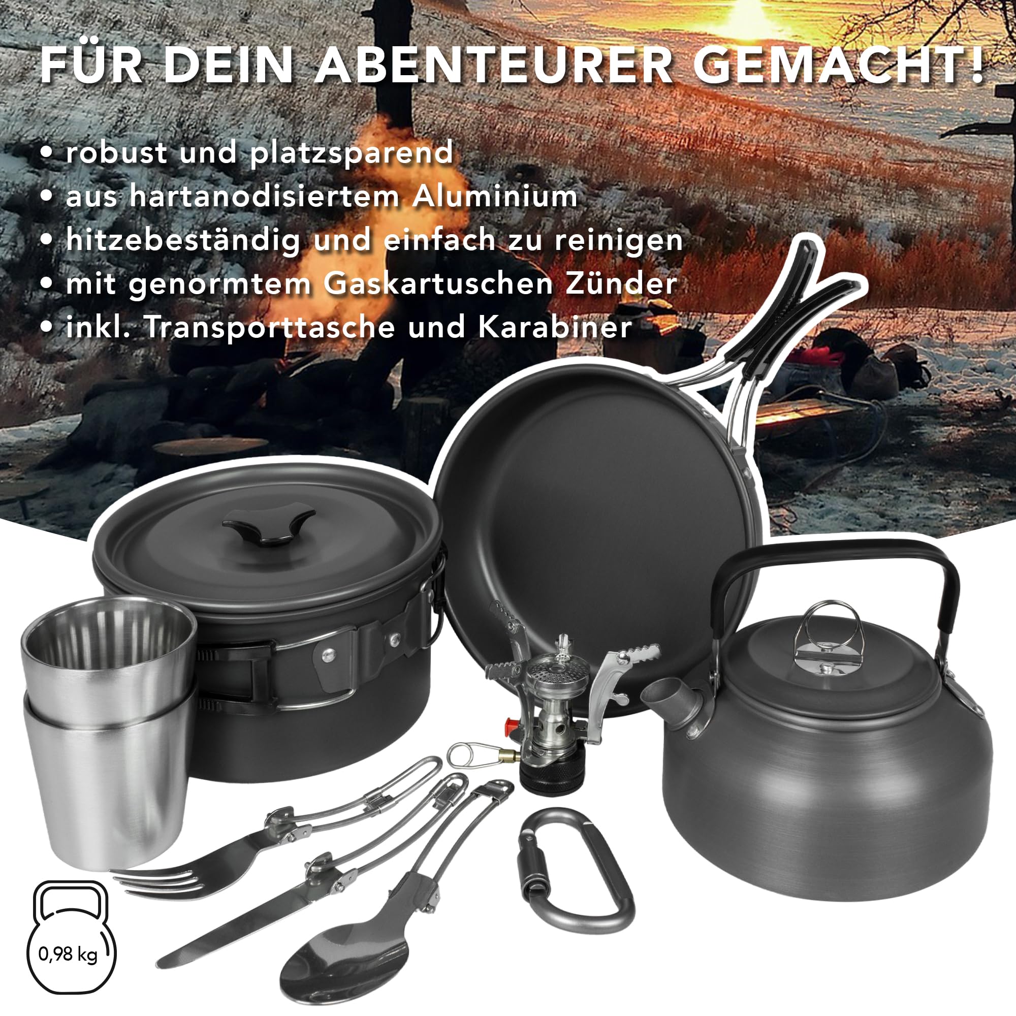 Camping Geschirr Set 10-teilig für 1-2 Personen - Kochgeschirr mit Topf Pfanne Kessel Becher Besteck und Zünder - Outdoor Kochset kompakt & leicht