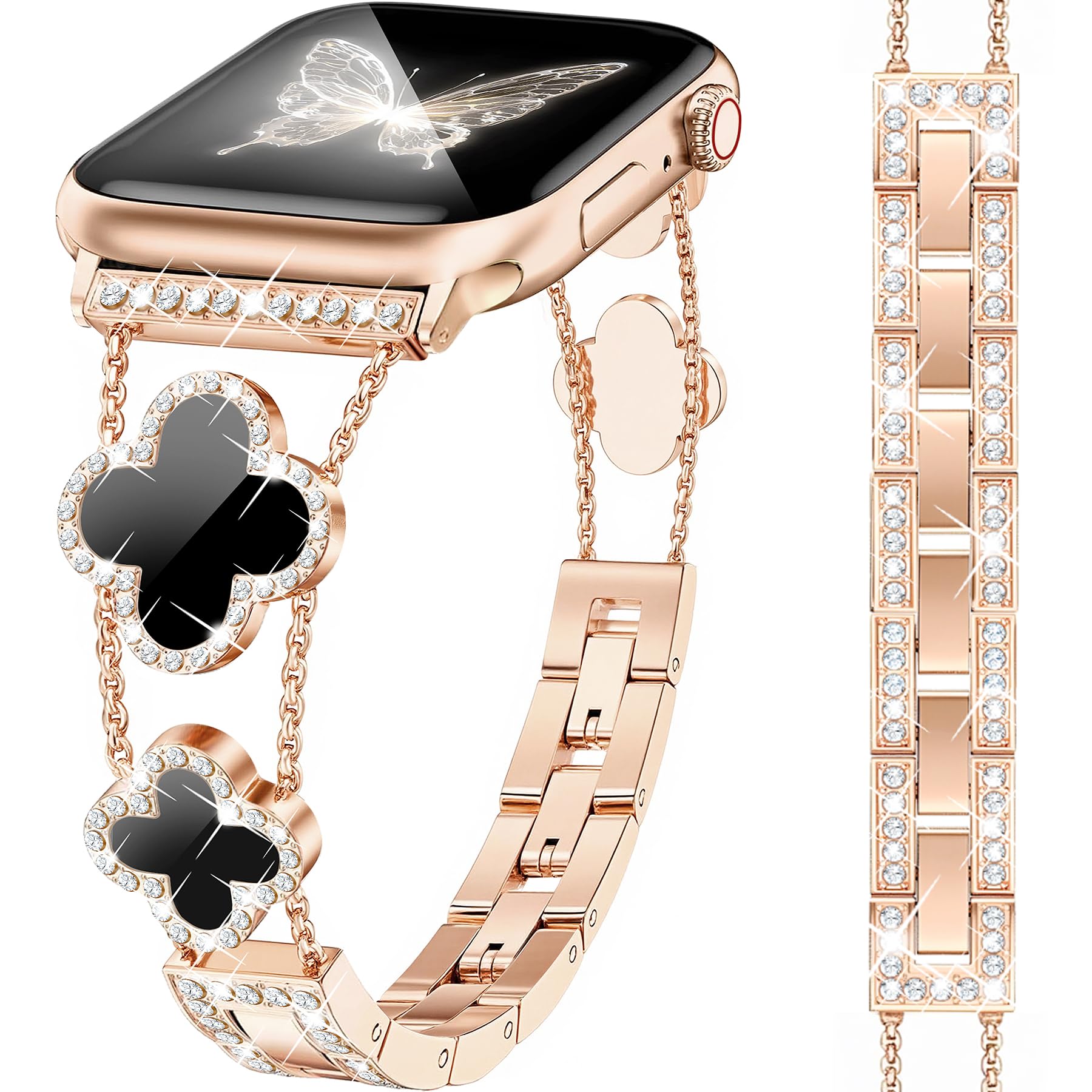 MOINSPIRE Rose Gold Bling Diamond Clover Bands Women Compatible with Apple Watch 42mm(S3/2/1) 44/45/46/49mm Lucky Sparkle Dressy Bracelet Metal Strap