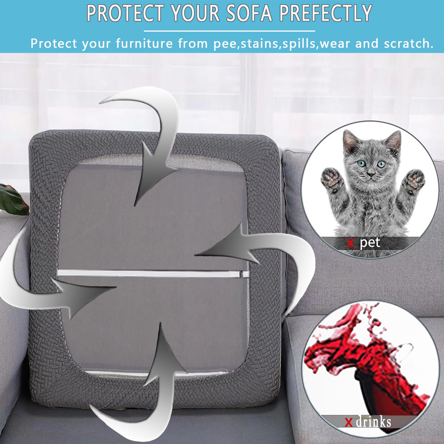 SHANNA Seat Cushion Sofa Cover: 2 Seater Waterproof Couch Cushion Slipcovers High Stretch Outdoor Cushion Couch Slipcover Non-Slip Washable Furniture Protector for Kids Pets (Dark Gray) - Image 3