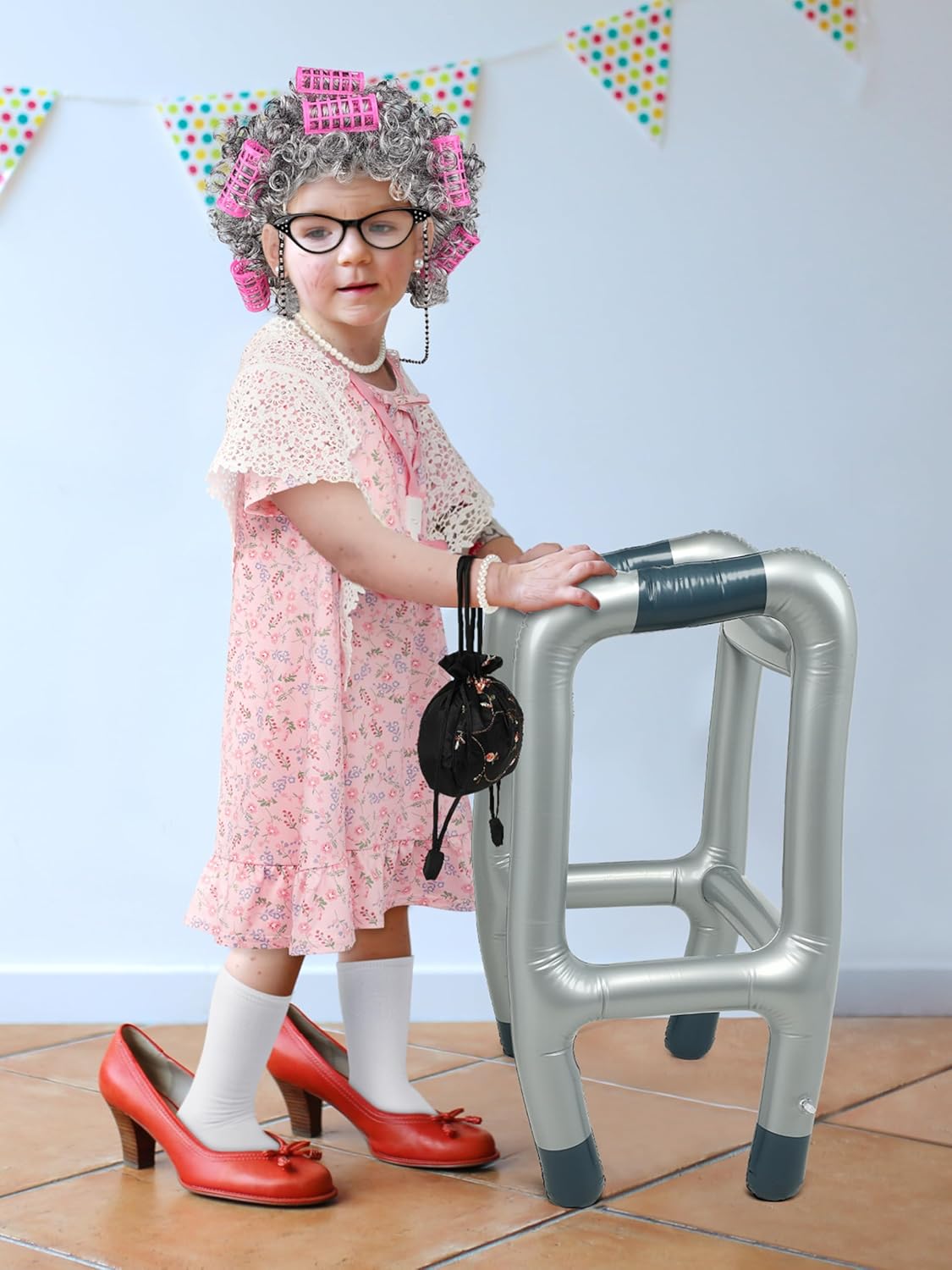 SOMSOC 13 Pcs Old Lady Costume for Kids Girls 100th Day of School Grandma Costume Granny Dress with Shawl Wig for Cosplay - Image 4