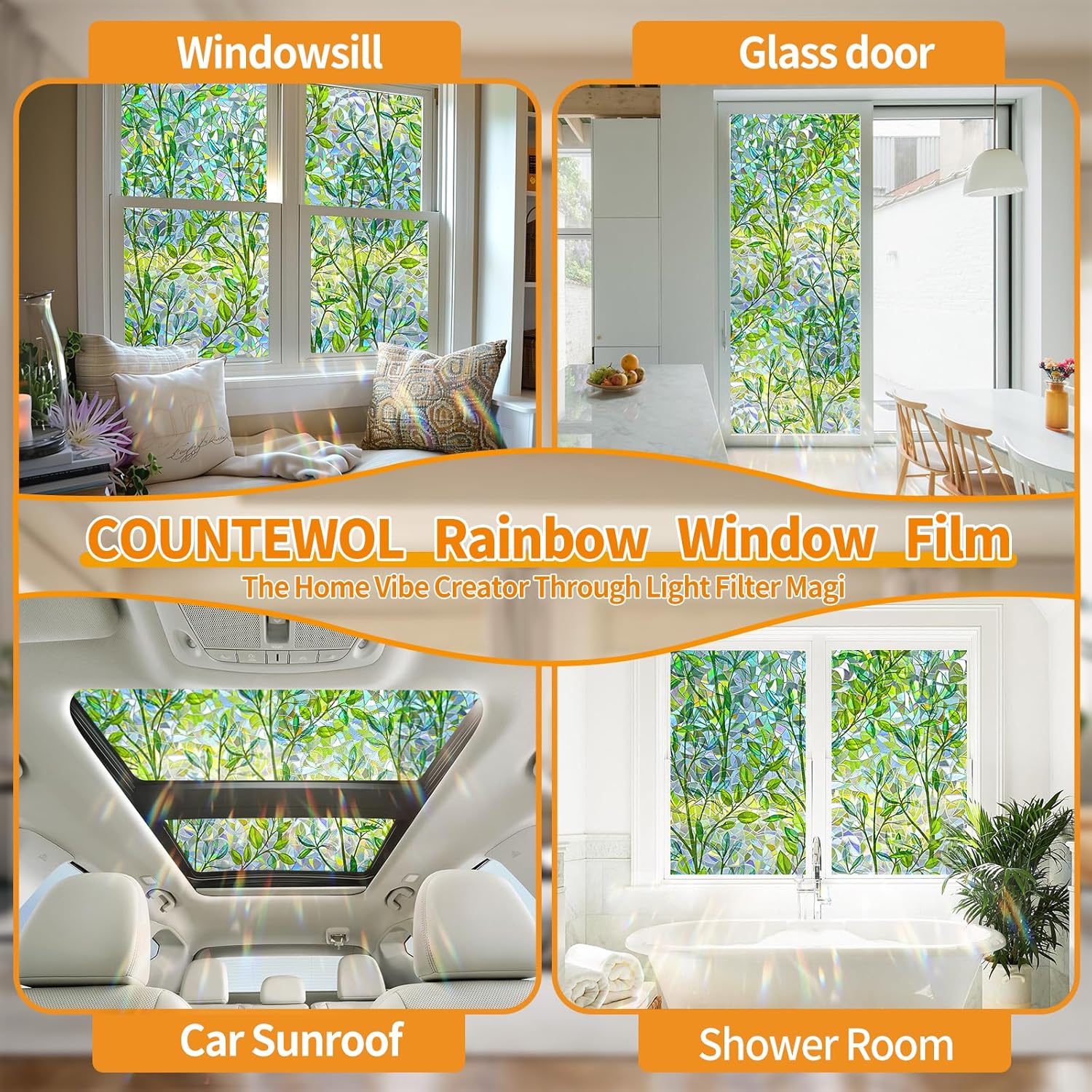 Window Privacy Film Stain Glass Window Film Rainbow Window Film Window clings Non-Adhesive Reusable Decorative for Room (Leaf Rainbow, 45.2 x 78.7 in)