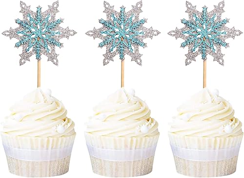 Ercadio Paquete de 24 adornos de copos de nieve de doble capa plateado y azul tema de invierno para magdalenas baby shower fiesta de cumpleaños para