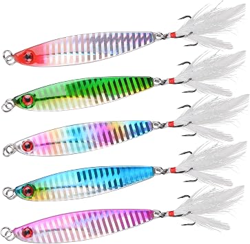 Hard Metal Jigs Fishing Spoon Lures, 5pcs Saltwater Jigging Spoons with Feather Treble Hook Fishing Jigs Casting Spoon for Freshwater Bass Striper Mackerel Halibut