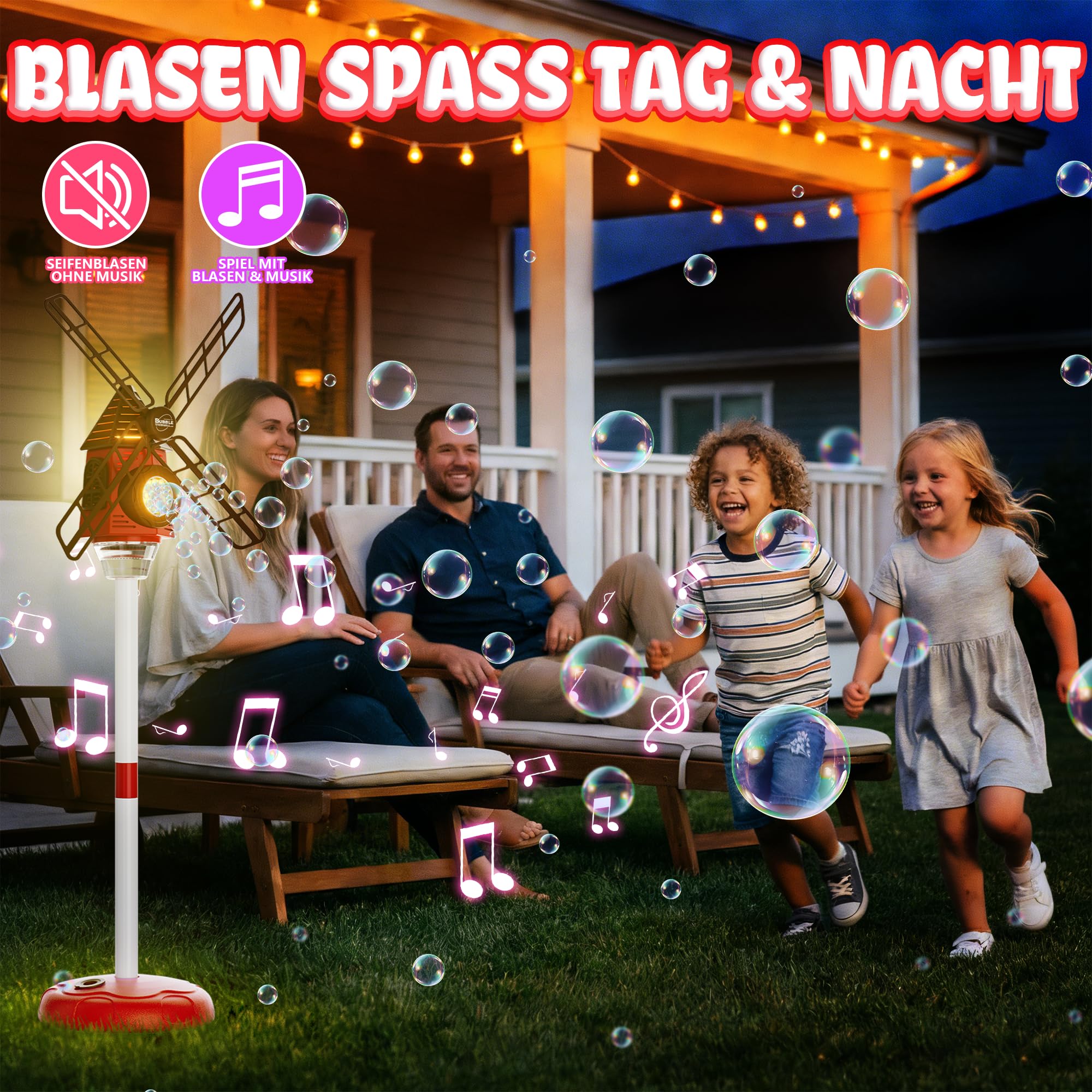 Belemar Windmühlen-Seifenblasenmaschine mit Licht und Musik, bis zu 1,3 m höhenverstellbar, 130-ml-Tank, batteriebetriebene Seifenblasenmaschine für Kinder, Geburtstage, Partys und Garten