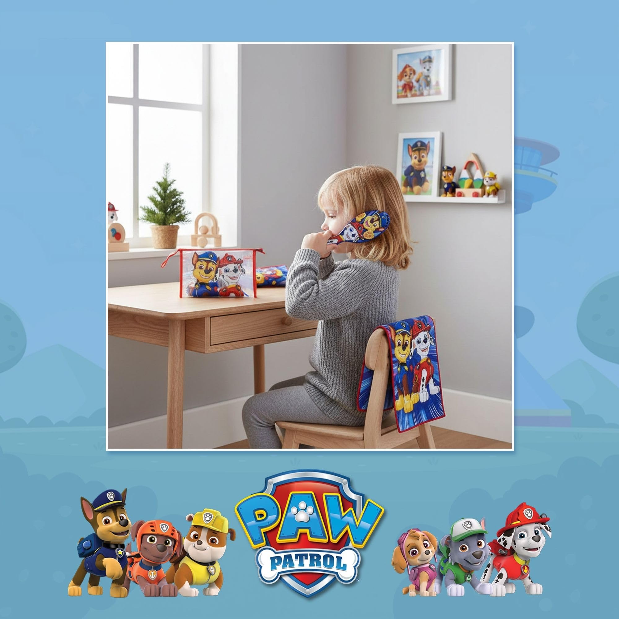 Set per la toelettatura dei bambini Paw Patrol con spazzola, asciugamano e borsa per il trasporto - Kit per l'igiene personale per bambini appassionati di Paw Patrol, ideale per viaggi e asili nido