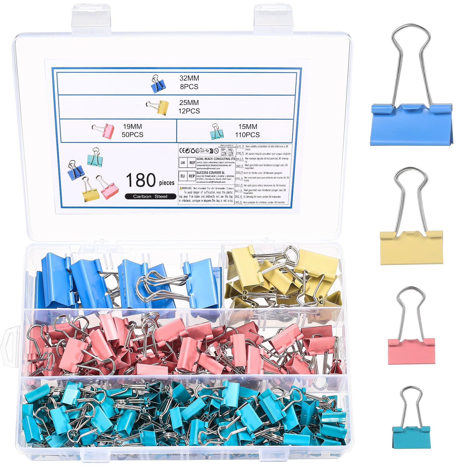 180 Pcs Bulldog Clips, Office Paper Clips, Binder Clipss, Metal Foldback Clamps for Office Home School Stationery File Money Paperclips(Colorful, 15/19/25/32mm)