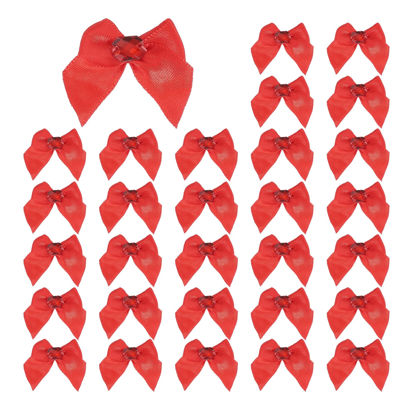 sourcing map 100Pcs Mini Satin Ribbon Bows with Rhinestones,1.38inch Mini Ribbon Flowers Appliques for DIY Christmas Wedding Decor Party Hair Sewing Candy Bags Scrapbooking Gift, Red