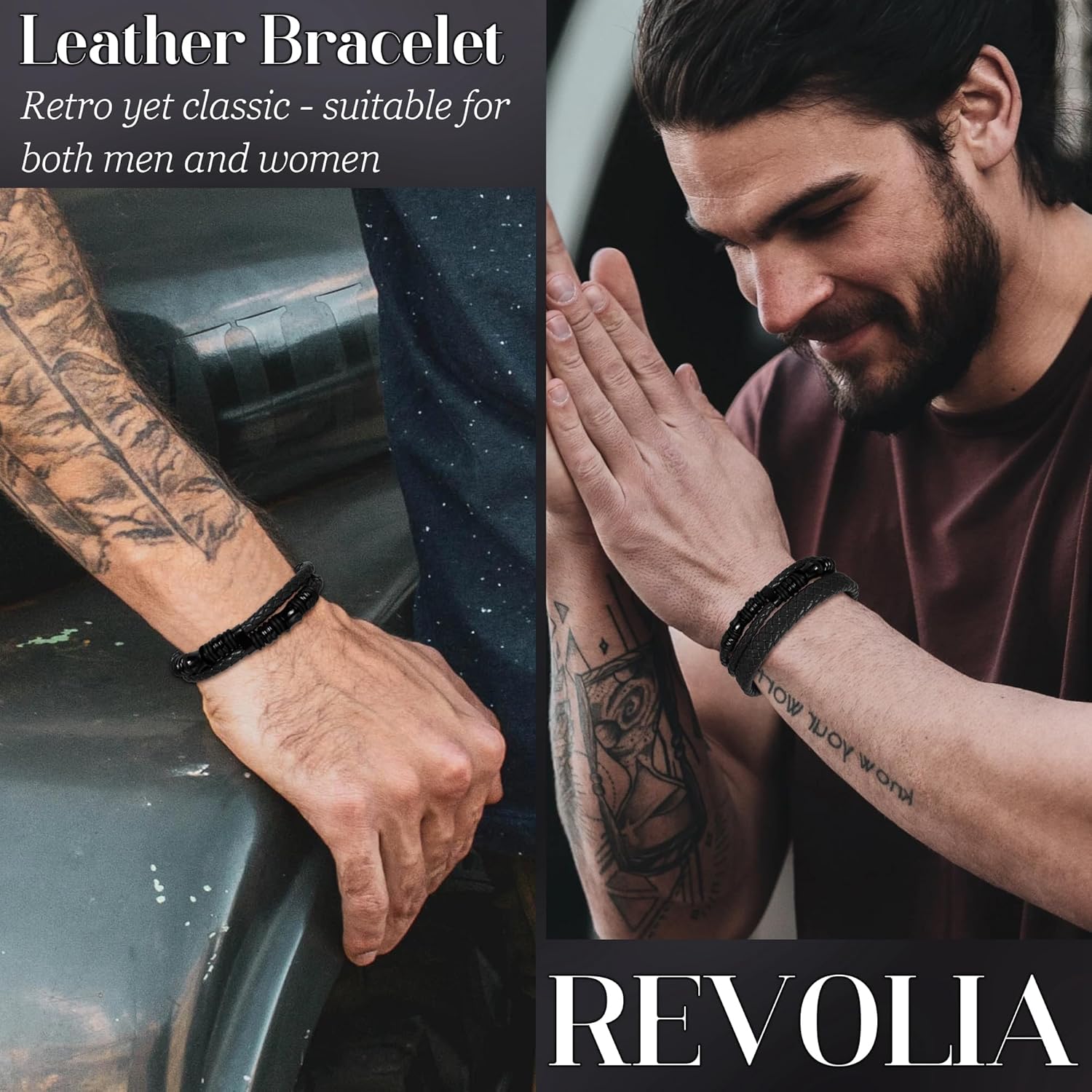 REVOLIA 3Pcs Black Leather Bracelets for Men Women Braided Leather Wristband Cuff Bracelets Multi-Layer Braided Leather Bracelets Set 7.5-9 Inches - Image 6