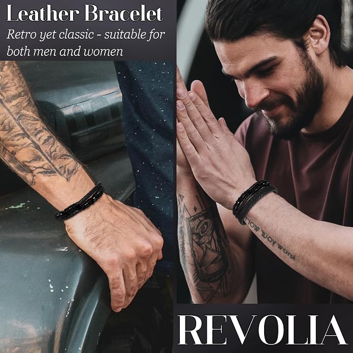Set de 3 pulseras de cuero trenzado negra para hombres y mujeres miniatura 6