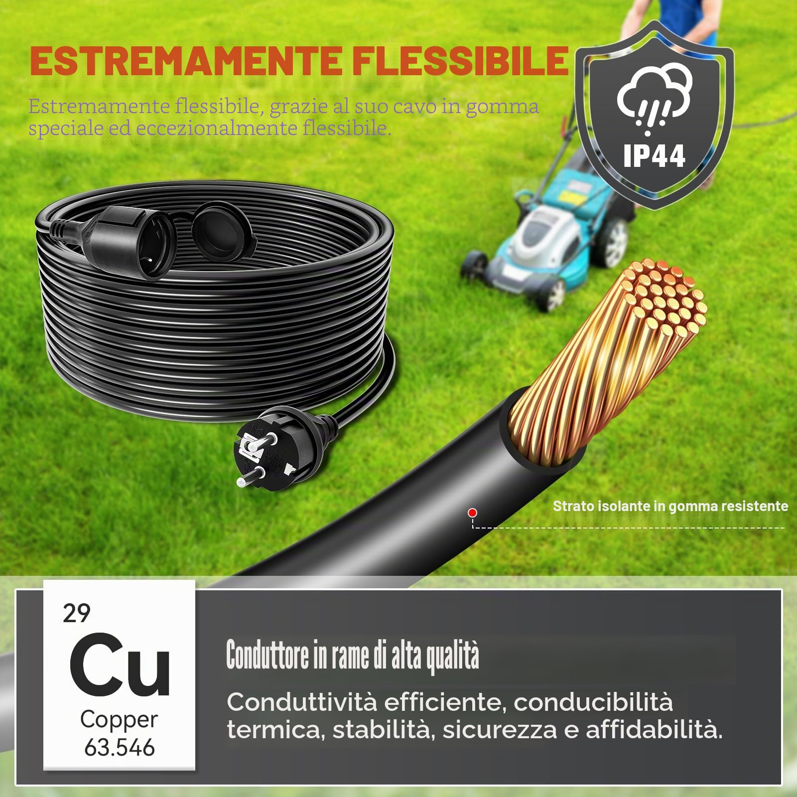 Prolunga elettrica 30 metri per esterni, Cavo di prolunga con cappuccio di protezione, Prolunga Impermeabile HO7RN-F 3G1.5mm², per Casa, Ufficio, Negozio, Lavoro