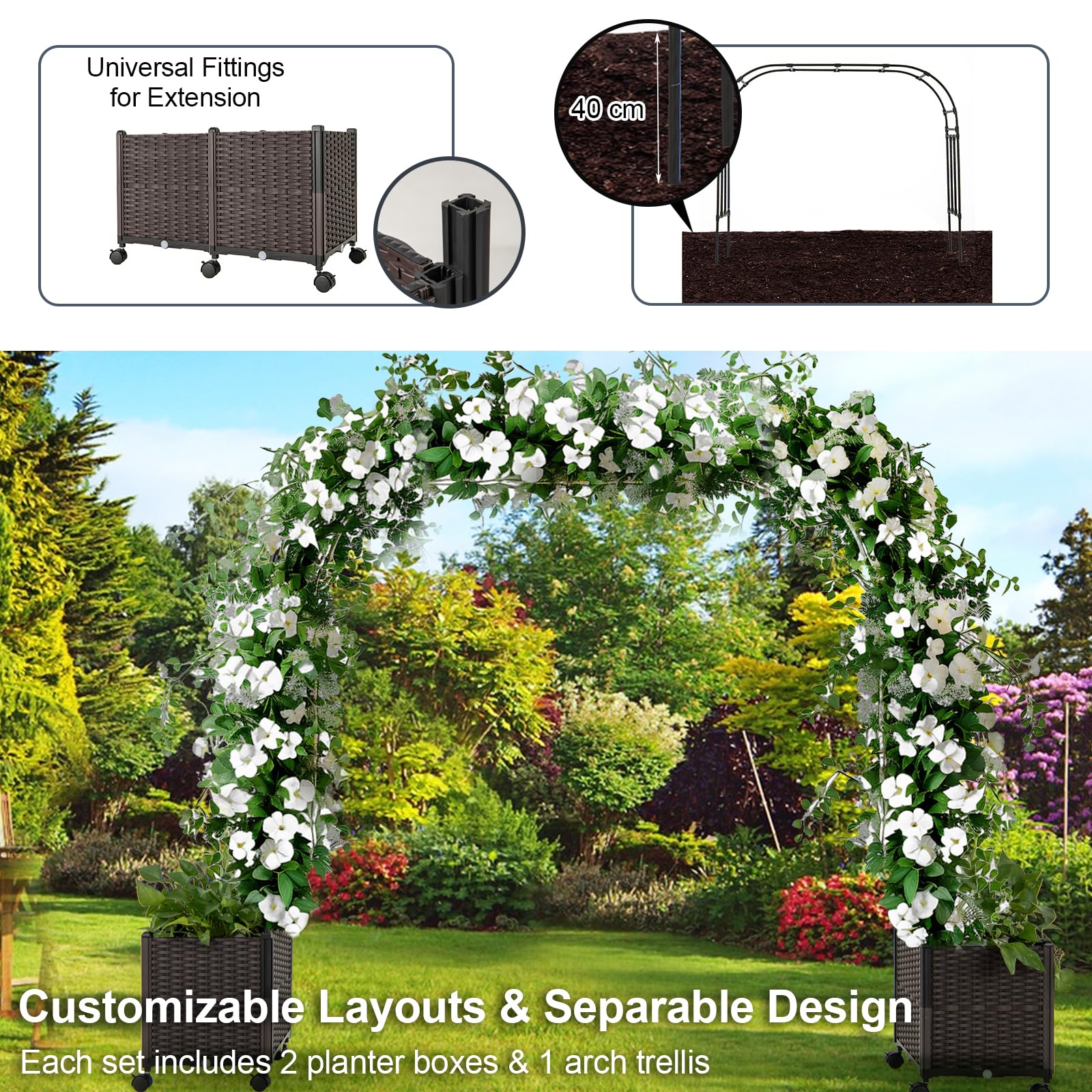 HOMASIS Arco da Giardino Grande con Ruote, 2 in 1 Pergolato da Giardino con Arco per Rampicanti e Fioriera, Sistema di Auto-Irrigazione, Decorazioni da Esterno per Matrimoni (Nero, 288 x 40 x 202 cm)