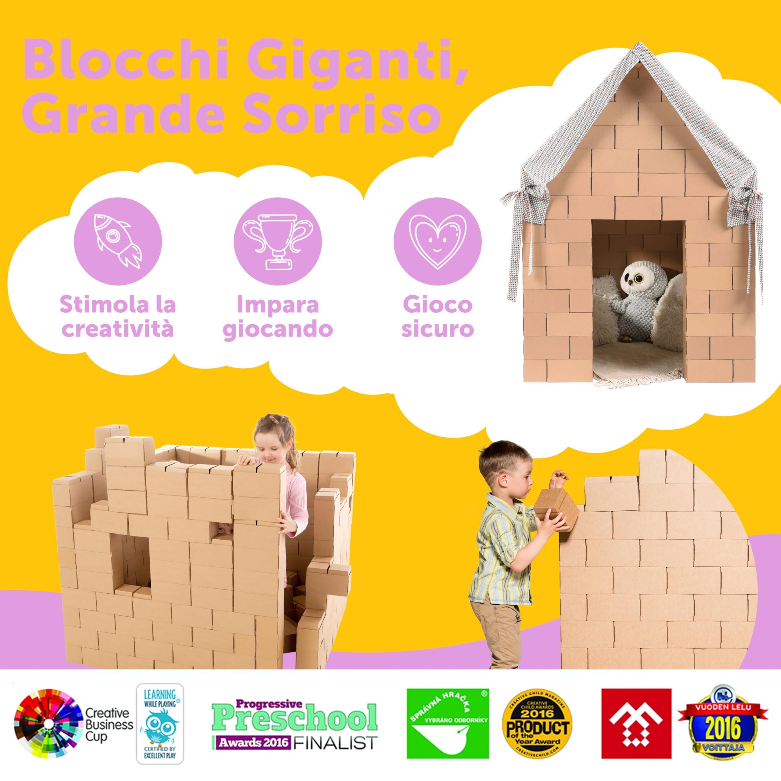 GIGI Bloks Capanna per Bambini da Interno | Set Costruzioni Incastro & Empilabili per Casetta per Bambini in Cartone con 203 Blocchi Costruzioni | Casa Giocattolo Robusta & Facile da Montare
