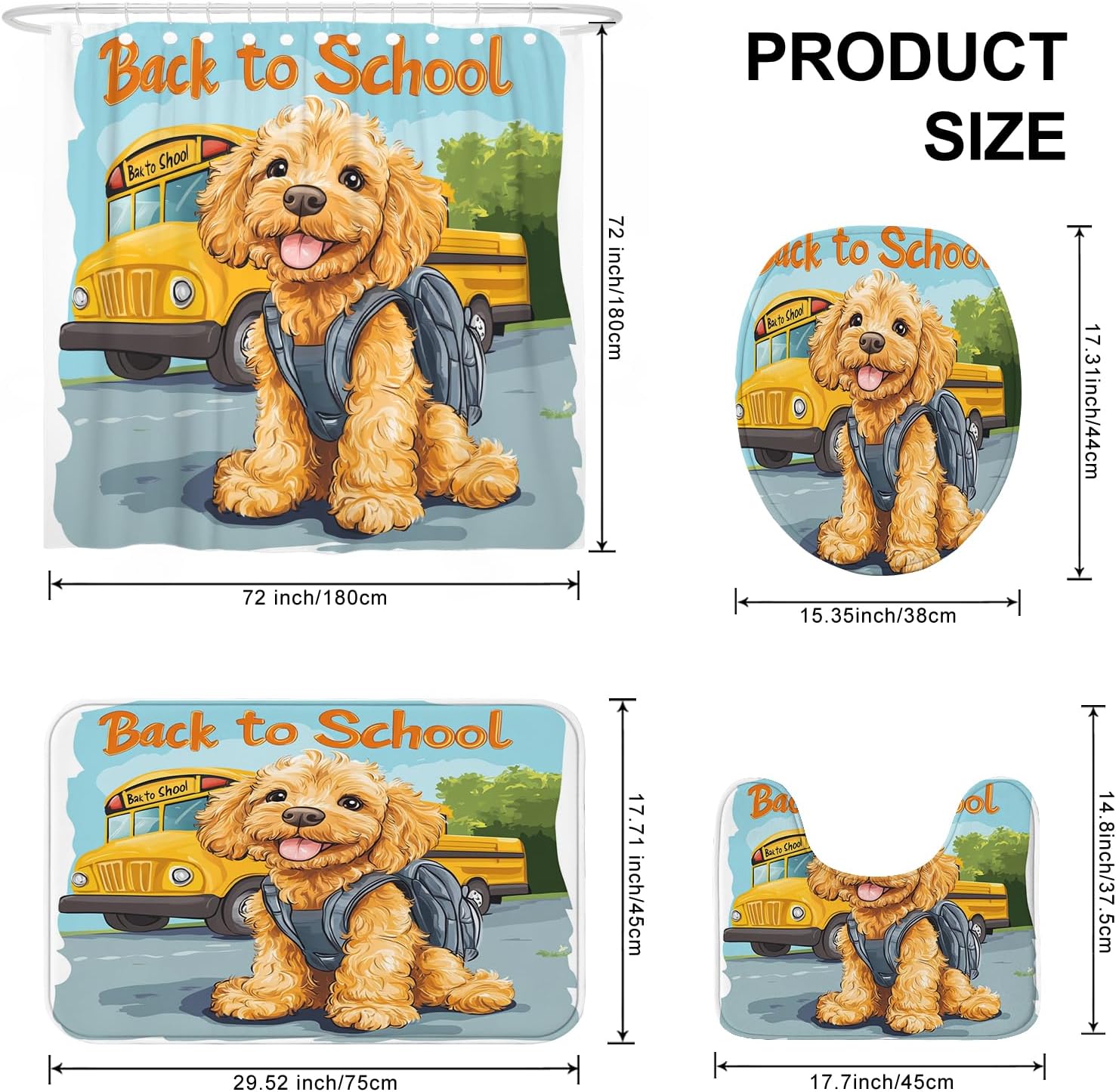 4PCS Golden Doodle Dog School Bus Bathroom Accessory Sets with Non-Slip Rug, U Shape and Toilet Lid Cover Mat, Fun Back to School Puppy Bathroom Decorative-72''x72''