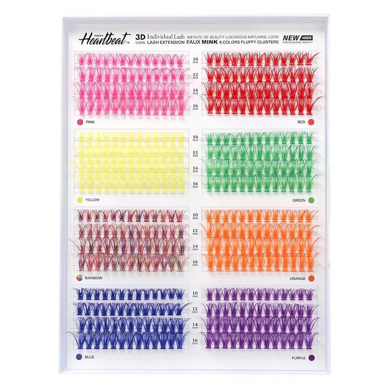 Cílios Postiços em Tufos Coloridos Happy Heartbeat 40D, Curvatura D, 4 Comprimentos e 8 Cores