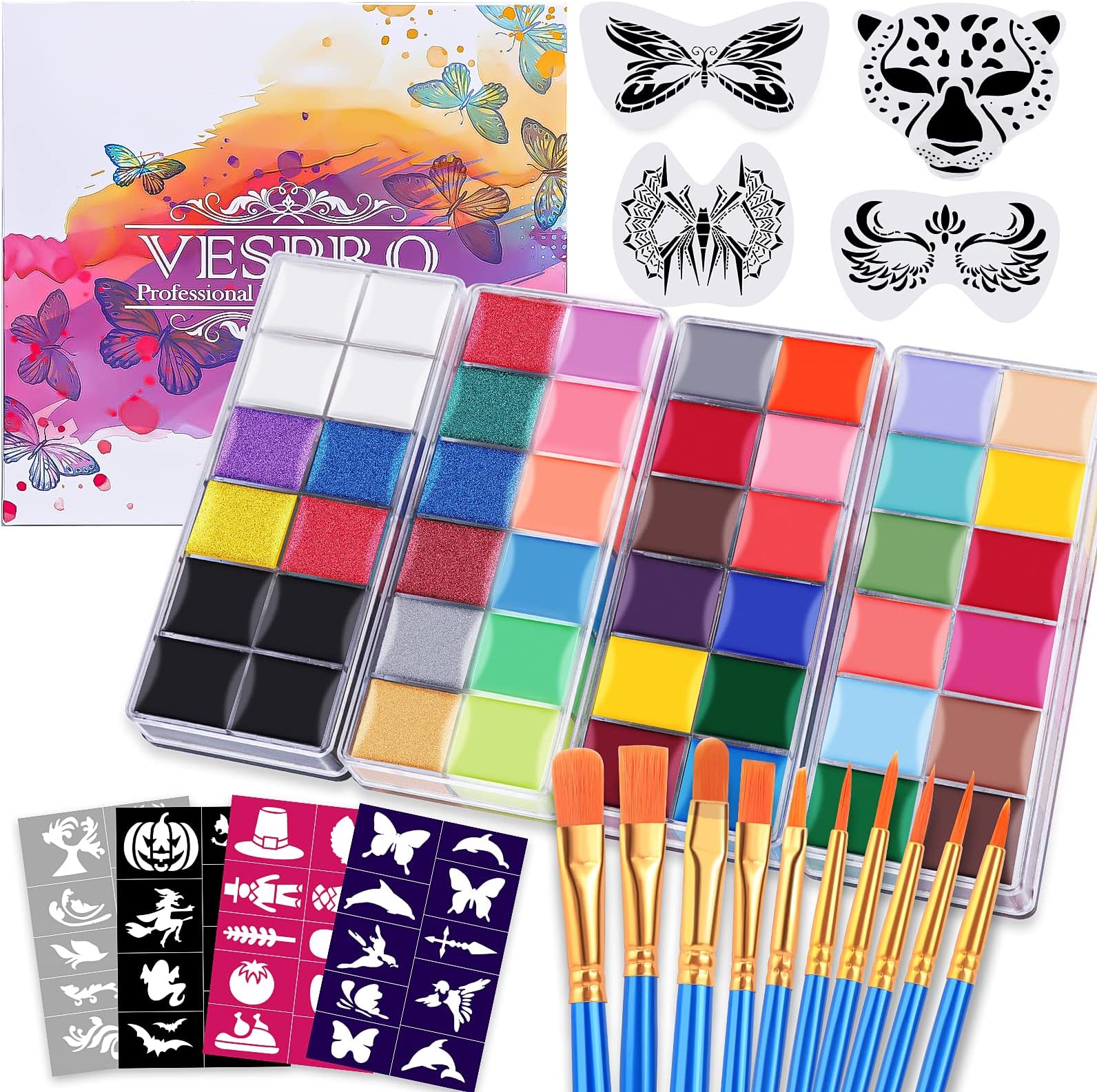 VESPRO Face Painting Kit For Adult Party,42 Colors Professional Oil Face&Body Paint Kit with 10PCS Brushes 4PCS Reusable Face Stencils and 4PCS Paint Stencils for Adults Halloween Makeup