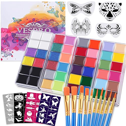 VESPRO Kit profesional de pintura facial y corporal, kit de pintura facial y corporal de 42 colores (26 colores clásicos + 10 colores metálicos + 6