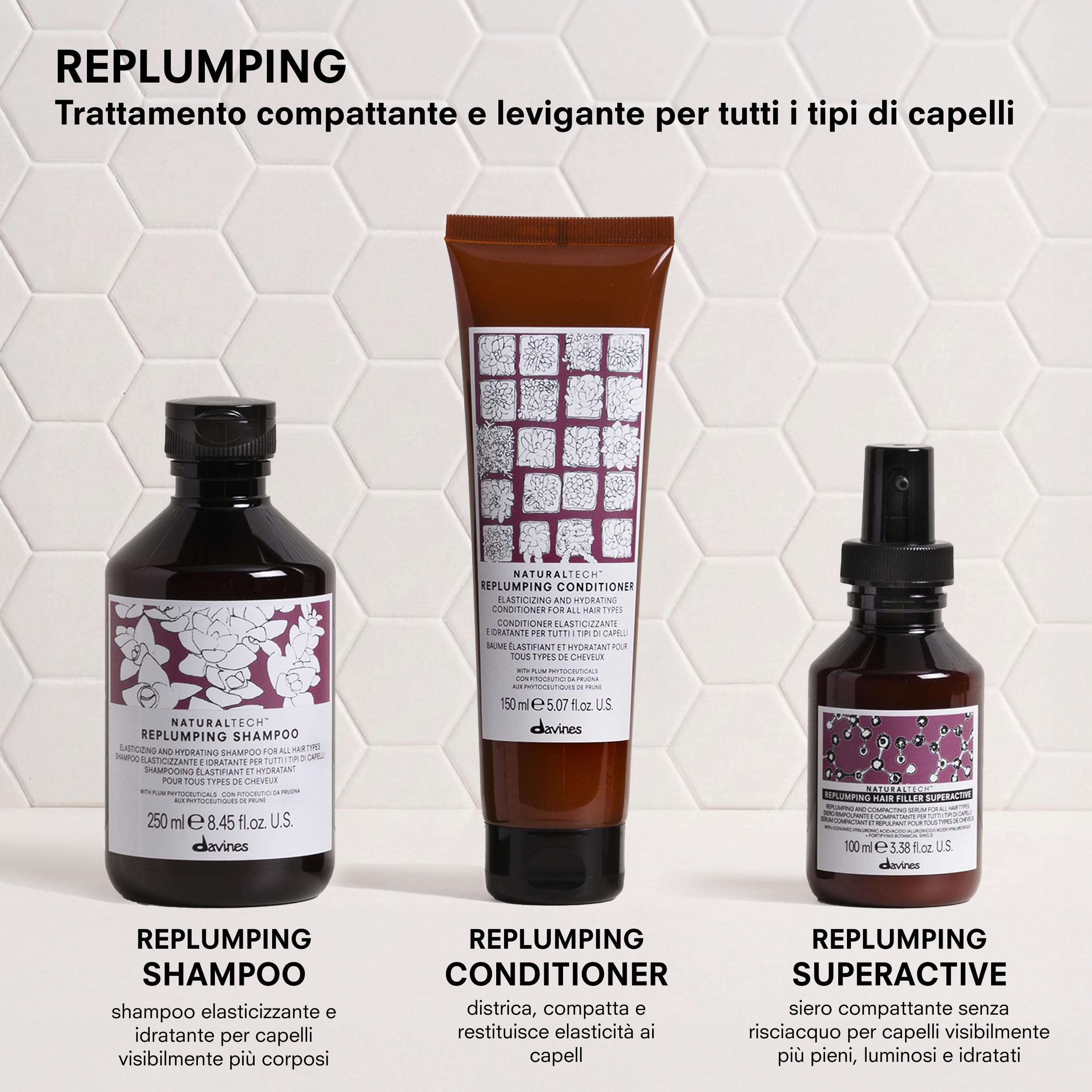 DAVINES Naturaltech Replumping Balsamo 150 Ml per tutti i tipi di capelli, per detergere e nutrire i capelli, 150 ml