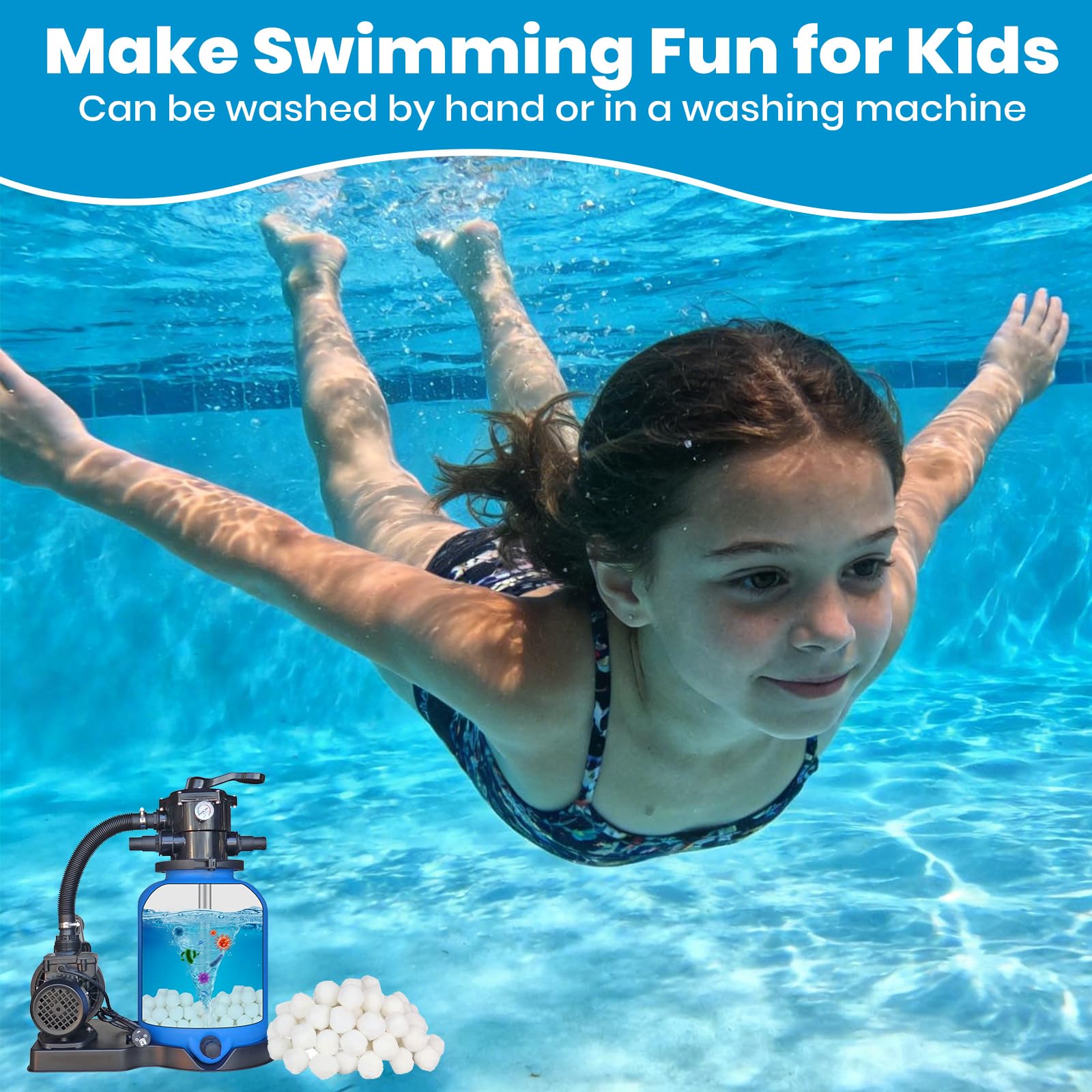 Balles Filtrantes pour Piscine, 1500g Boules Filtrante pour Systèmes Filtration Sable avec Sac Lavage Cordon, Balle Filtration Durables pour Pompe Piscines Nettoyeurs Piscine (Blanc)