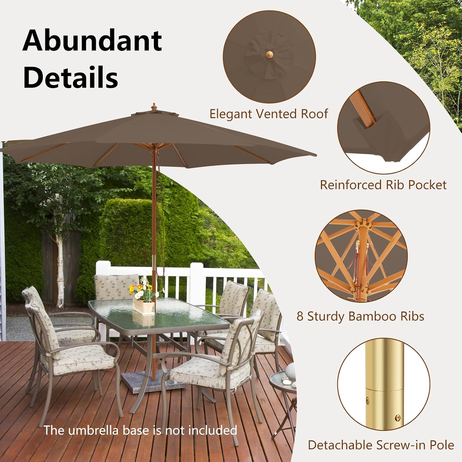 HAPPYGRILL 10 FT Wooden Patio Umbrella with Rope Pulley Lift, 8 Bamboo Ribs, 3 Adjustable Heights, Vented Roof, Outdoor Table Umbrella for Garden Poolside Backyard (Tan)