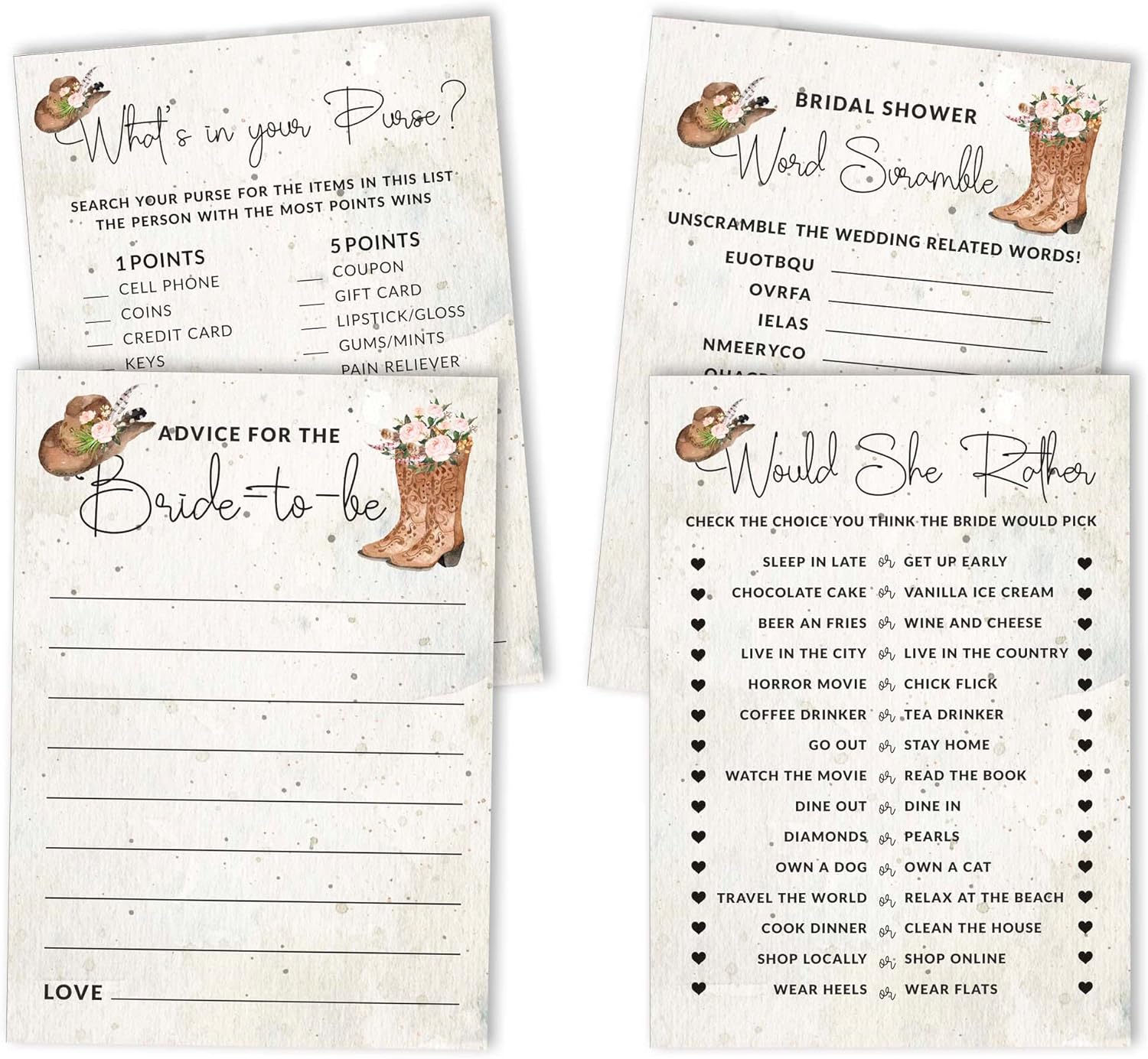 Bachelorette Party Games Set Bundle Cowgirl of 4(50 Sheets Each) Fun Bridal Shower Games Set