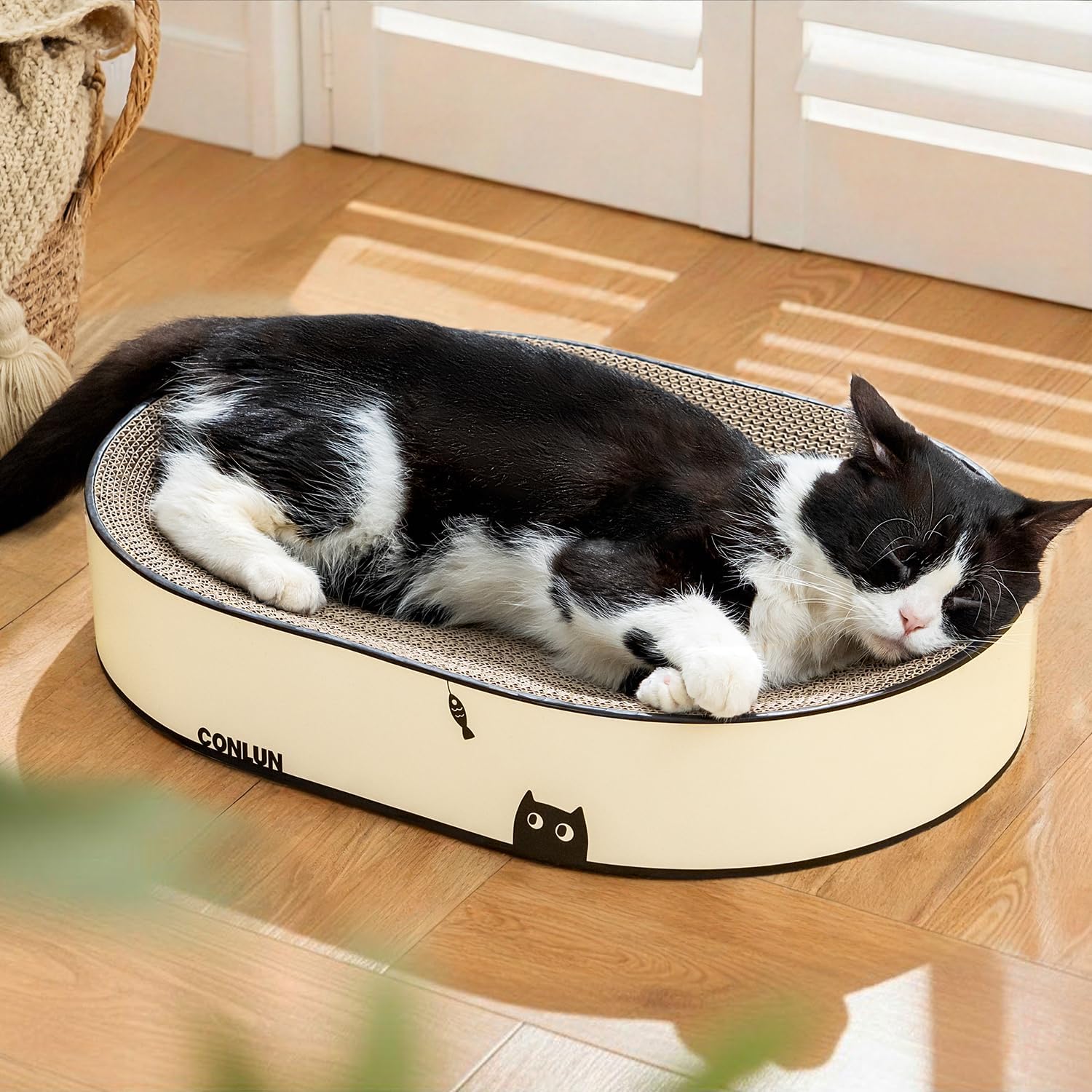 Large Oval Cat Scratcher Bowl, Cardboard Cat Scratching Pad & Lounge Bed, High-Density Reversible Cat Nest for Large Indoor Cats, Furniture Protector with Ergonomic Curve, Gift Catnip Included