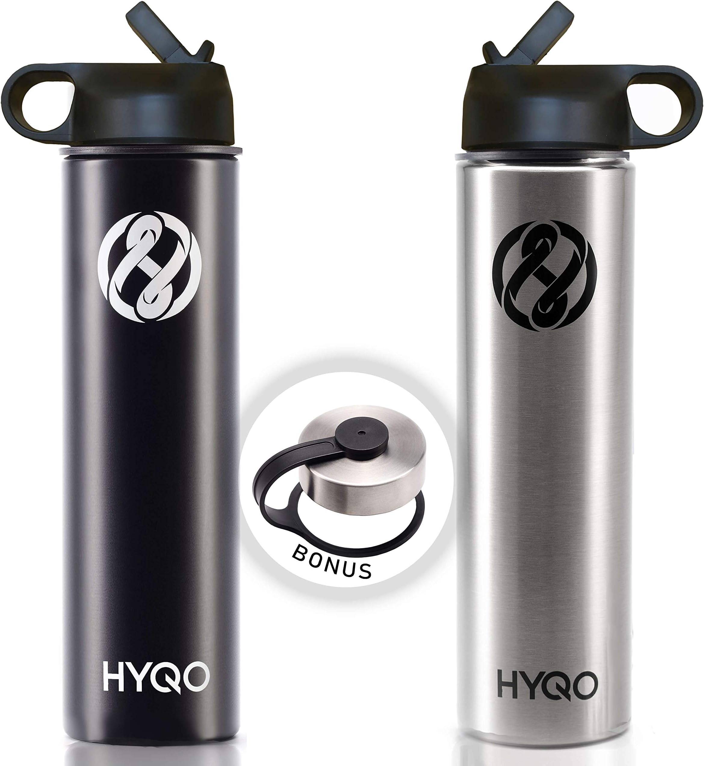 HYQO Insulated Stainless Steel Water Bottle Up to 48 Hrs Cold and 24 Hrs Hot 26 Oz Vacuum Leak Proof Double Metal Wall and Extra Flip and Drink Lid with Straw Black or Silver