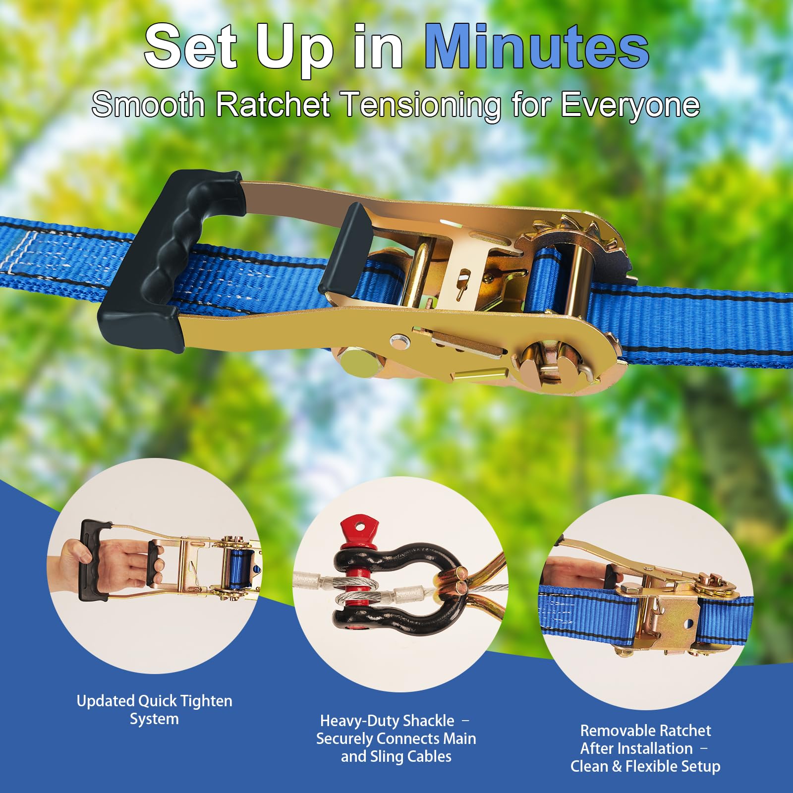 Kit Zip Line 48,8 m per bambini e adulti 172,4 kg - Carrello rimovibile con leone, freno a molla 2 m, protezioni per alberi