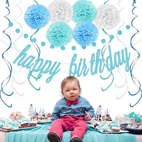 Miniatura 5 de KOKAR Decoraciones azules de feliz cumpleaños: pancarta azul de feliz cumpleaños, pompones de papel, remolinos colgantes y guirnalda de puntos