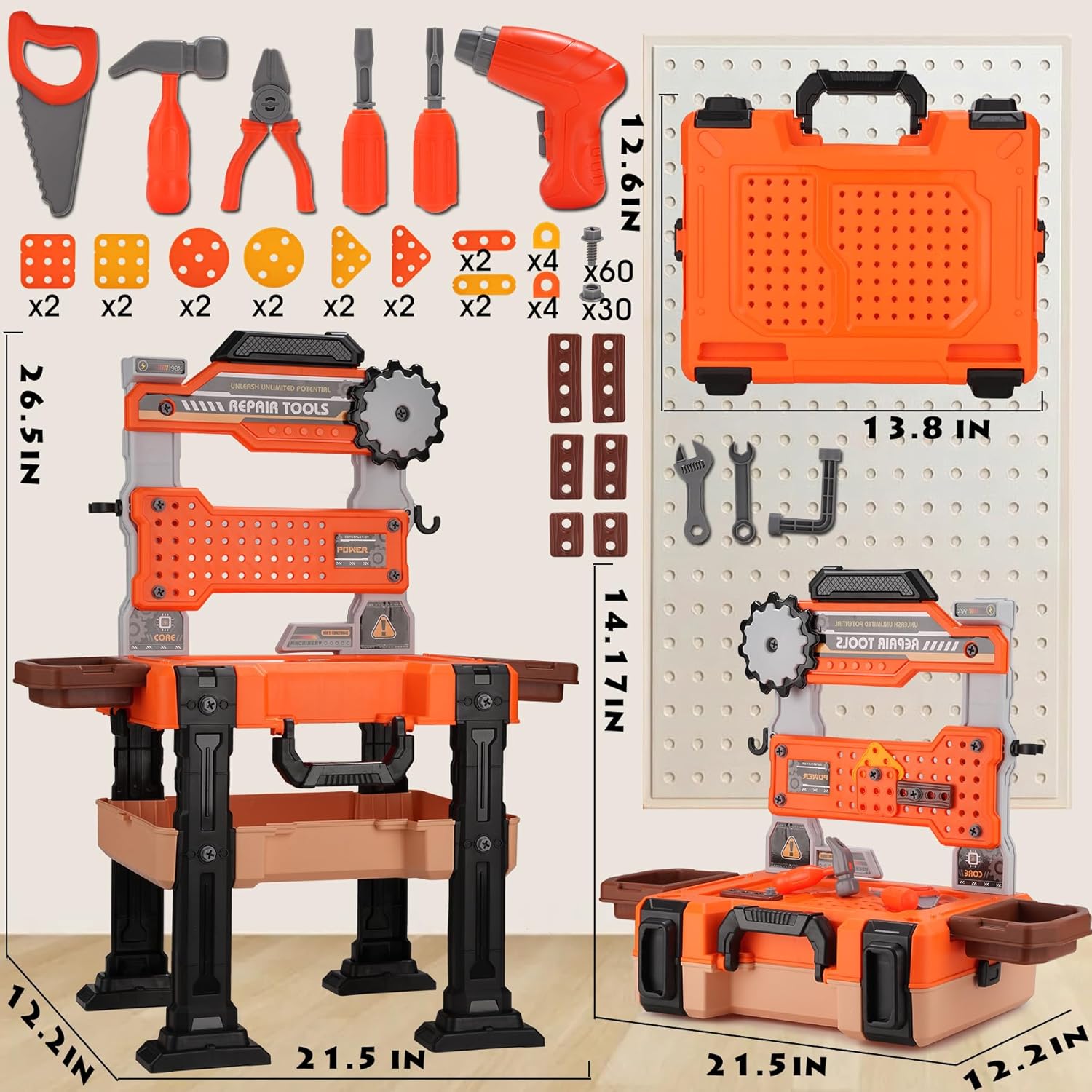REXBETI Kids Tool Bench with Realistic Electric Drill and Tool Box, Pretend Play Kids Workbench Construction Kits, Toddler Tool Set, Birthday Gifts for Ages 3-8 Years Old