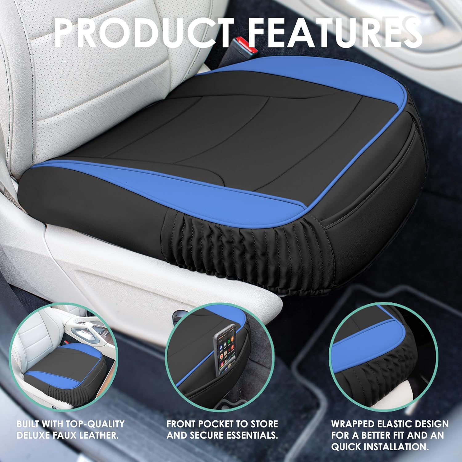FH Group Car Seat Cushion – Durable PU Leather Car Seat Cushions, 2 Piece Front Set Car Seat Cushion, Bottom Seat Protector, Water Resistant Car Seat Cover for Sedan, Truck, SUV Blue