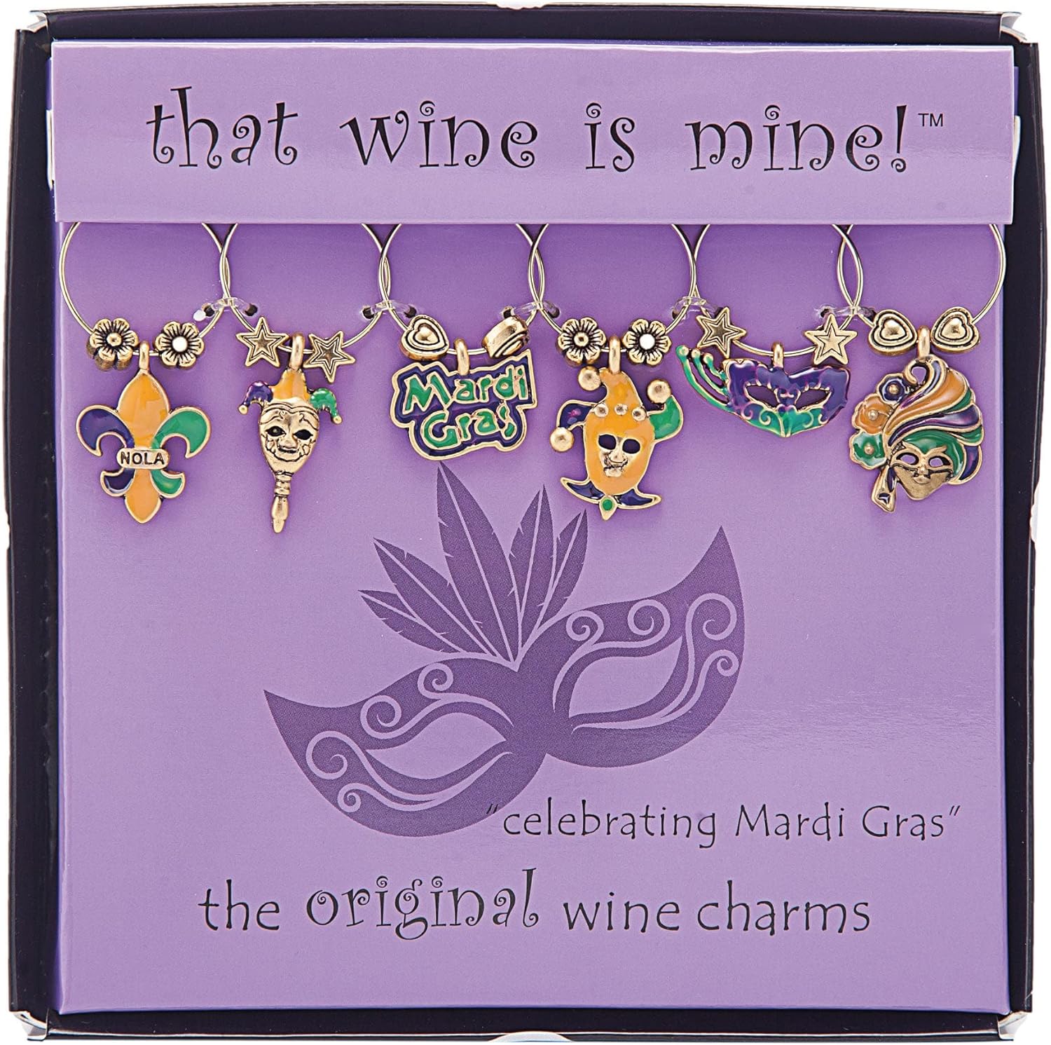 Wine Things Celebrating Mardi Gras Wine Charms, Zinc Alloy Wine Glass Tags for Stem Glasses, Drink Markers Identifiers for Parties, Tastings, and Entertaining, Multicolor, Set of 6