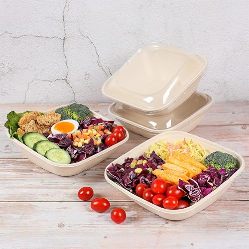 Miniatura 2 de Cuencos de ensalada desechables de 30 onzas con tapas, cuencos de papel de fibra de caña de azúcar, recipientes de bagazo para alimentos, contenedor