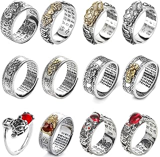 12Pcs Feng Shui Pixiu Mantra Ring for Men Women Buddhist Good Luck Amulet Mantra Double Protection Ring Wealth Lucky Adjustable Garnet Rings Gift