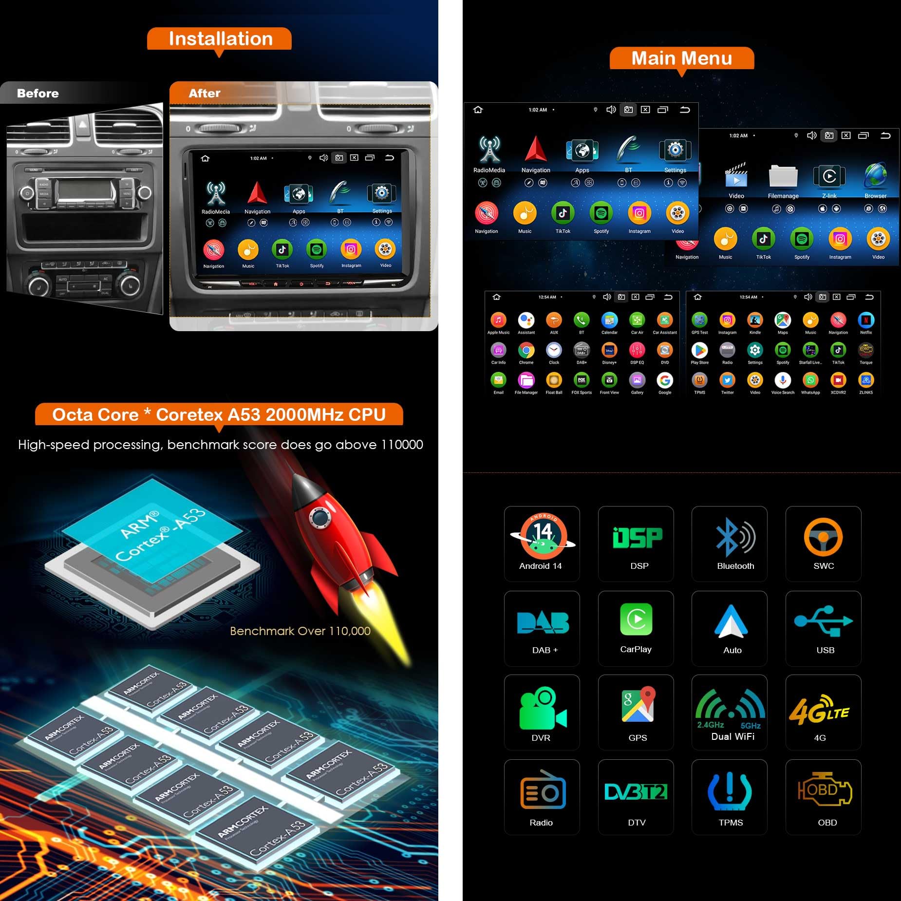 Erisin 9 pollici 8-Core Android 16 4GB+64GB Autoradio Bluetooth GPS Navigatore per VW Passat B6 Polo Golf 5/6 Touran Skoda Seat Tiguan Jetta T5 Supporta Wireless CarPlay Android Auto WiFi DSP CANbus