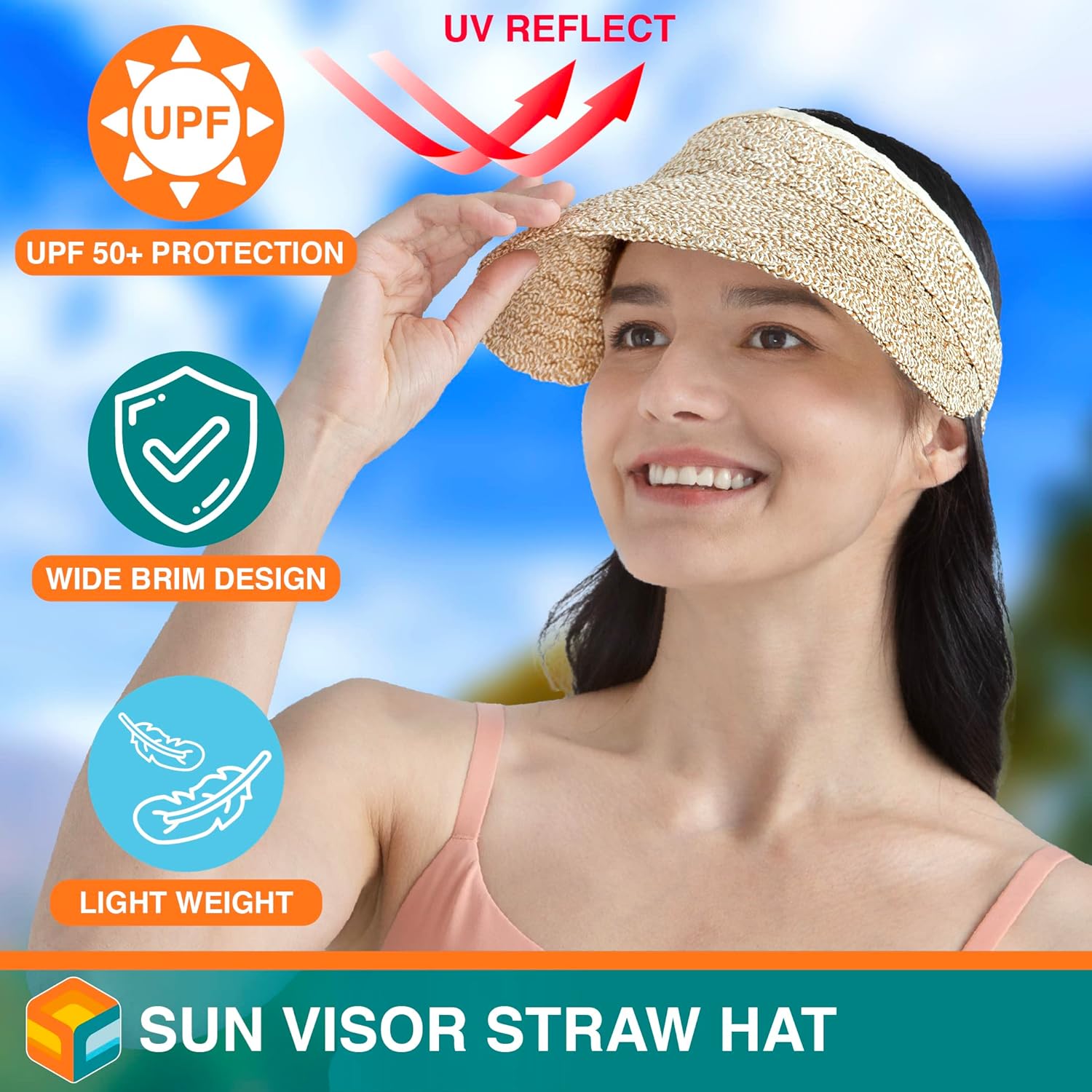 SUN CUBE Women Sun Visor Hat, Straw Beach Hat Wide Brim UV Protection, Foldable Packable Cap, Roll Up Ponytail Summer Visor - Image 2