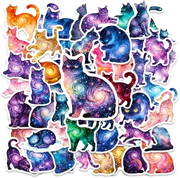 50Pcs Fantasy Starry Sky Cat Stickers Pack, Waterproof Vinyl Graffiti Kitty Stickers for Water Bottles Laptop Journaling Kindle Skateboard Guitar Computer