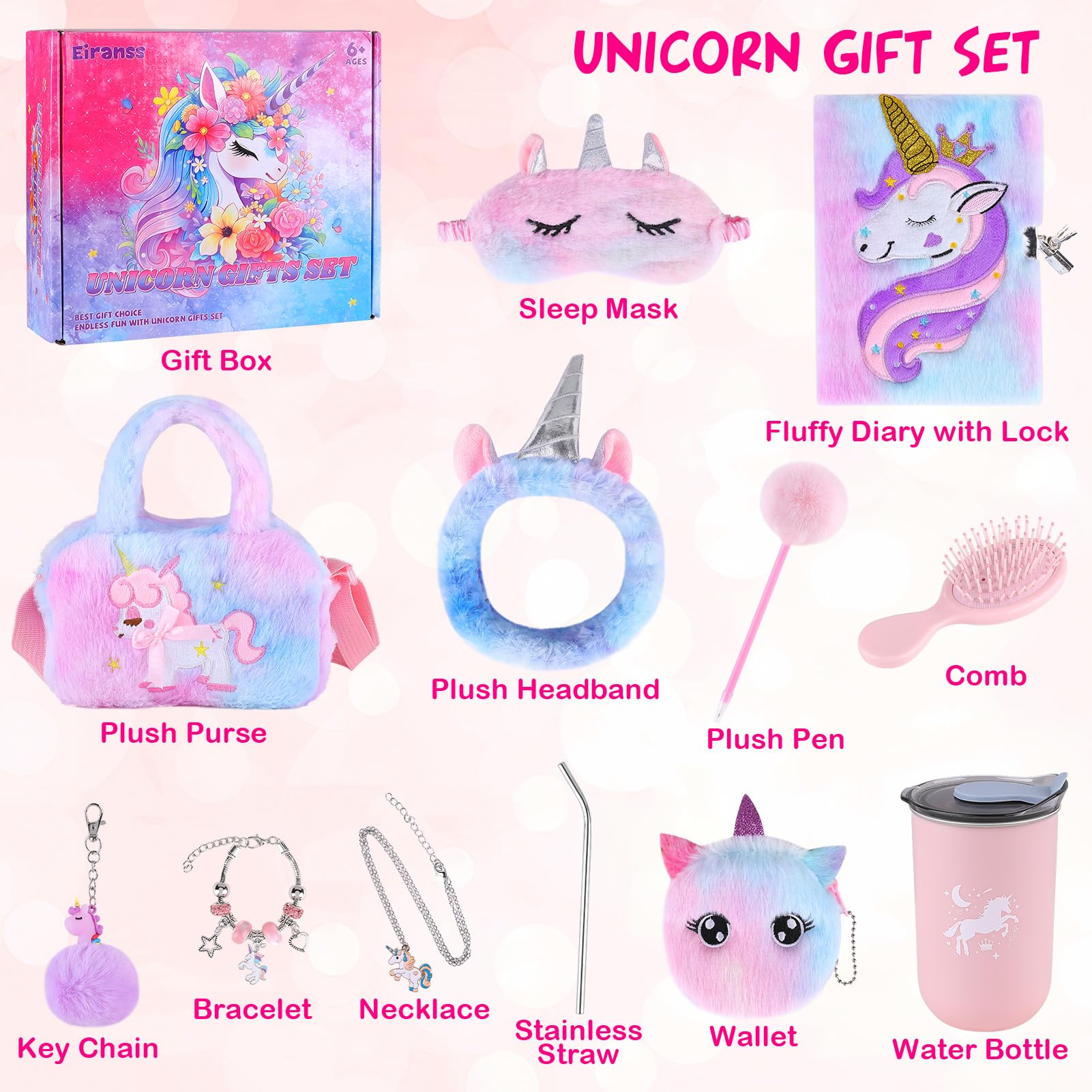 Unicorns Gifts for Girls 4 5 6 7 8 9 10+ Years Old with Unicorns Handbag Purse/Diary with Lock/Headband/Eye Mask/Water Bottle, Kids Unicorn Toy Soft Plush Toys Set for Birthday Gifts Christmas