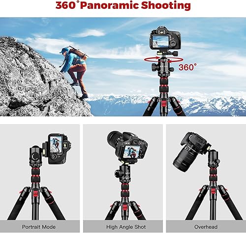 Miniatura 7 de Trípode para cámara, trípode de aluminio resistente de 80 pulgadas con cabeza de bola de 360°, soporte para teléfono y bolsa de transporte, trípodes