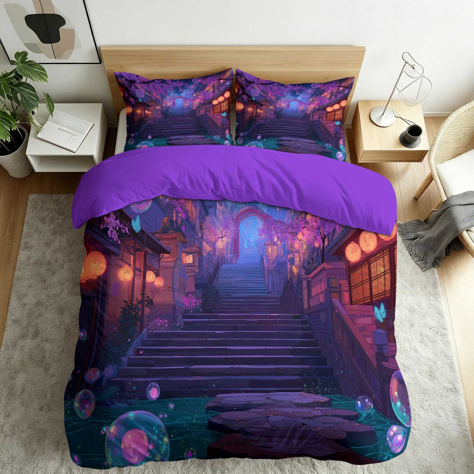 Generisch Bettwäsche Set Anime Bettbezug 200x200 cm Steinstufen‑Laterne 3D-Druck Bettwäsche-Sets 3 teilig Bügelfrei & Weich Mikrofaser Deckenbezug mit Reißverschluss und 2 Kissenbezug 80x80 cm, Lila